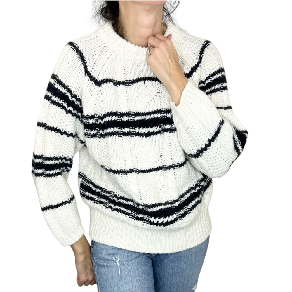 Anthro Elsamanda Italy alpaca blue white stripe chunky knit crew neck sweater XL